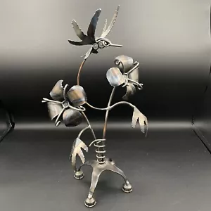 Metal Art Hummingbird & Flowers Steampunk Welded Custom Sculpture - Signed Kurak - Picture 1 of 10