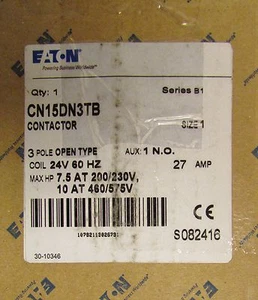 Contactor EATON CUTLER HAMMER CN15DN3TB 24 voltios 3 polos 27 amperios CN15DN3 talla 1 - Imagen 1 de 3