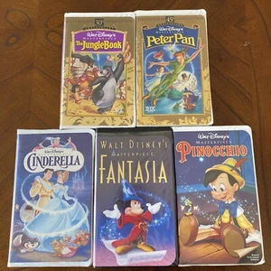 Disney Set Of 5 VHS Pinocchio Cinderella Jungle Book Peter Pan Fantasia Tested - Picture 1 of 8
