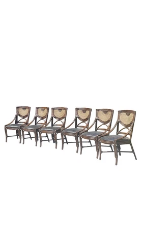 Set of 6 Vintage Bamboo Rattan Brass upholstered dining chairs Mid Century Cover