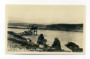 Chitina Alaska, people working bank of Copper River, fish wheel, RPPC postcard - Picture 1 of 2