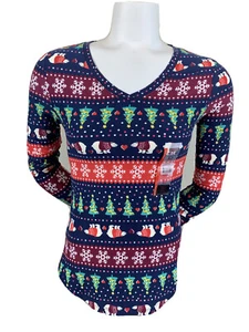 Junior Womens Christmas Print Navy Blue Long Sleeve Fitted V Neck Shirt Small - Picture 1 of 7