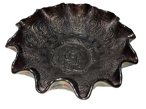 Fenton Black Amethyst Carnival Glass Bowl Ruffled Edge Embossed Design - Picture 1 of 8