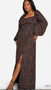 Boohoo Dress Women 16 Black Ditsy Balloon Sleeve Milkmaid Maxi Boho Festival - Picture 1 of 10