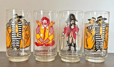 Lot of 4 McDonalds' Collector Glasses Ronald (2) Hamburglar Captain Crook 1970s - Image 1 of 4