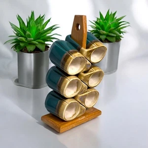6 tazas de cerámica esmaltada por goteo Rodolfo Padilla con soporte de madera bronceado verde - firmadas - Imagen 1 de 14