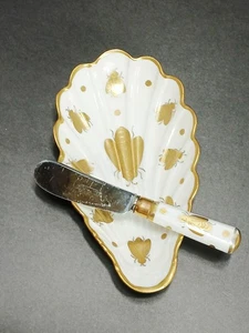 Vtg Mehun France/CP&Co. Gold Bee Detail Shell Shaped Butter Plate with Spreader - Picture 1 of 12