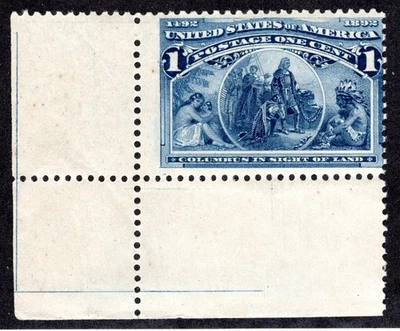 US # 230 (1893) 1 cent - MNH - Grade: VG {Columbus} EFO: w/cutting lines & dot - Image 1 of 4
