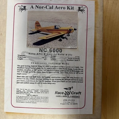 Vintage Nor-Cal Aero NC 6000 RC Model Airplane Kit - NOS, Unbuilt, w/ Instruct. - Image 1 of 3