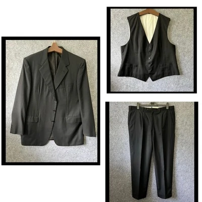 BRIONI TRAIANO 3 Piece  Suit Sz 57 R XL Black in Black Striped 100% Wool 👌 - Image 1 of 4