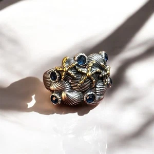 Anello Argento 925 Regolabile con Topazio Blu, Stelle Marine Oro e Conchiglie - Foto 1 di 5