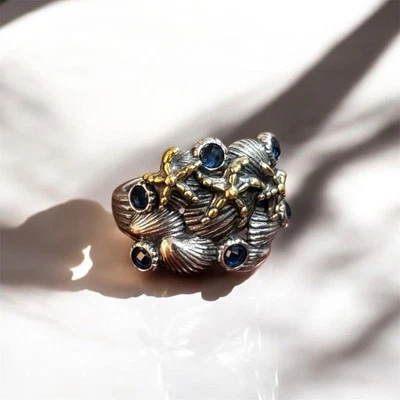 Anello Argento 925 Regolabile con Topazio Blu, Stelle Marine Oro e Conchiglie - Immagine 1 di 4