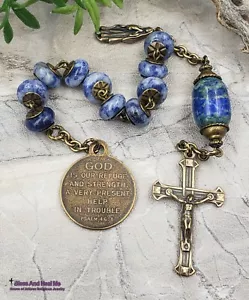 Gott ist unsere Zuflucht Jungfrau Maria blau gepunktet Jaspis Bronze Edelstein Herren Rosenkranz - Bild 1 von 4