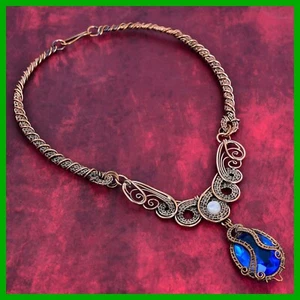 Copper London Blue Topaz Stone Rainbow Moonstone Wire Wrapped New Chain Necklace - Picture 1 of 6