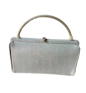 Vintage 40s 50s Taupe Gray Green Box Purse Stiff Gold Chain Handle Rockabilly - Picture 1 of 24