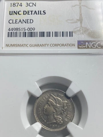 1874 3 Cent Nickel, NGC Uncirculated Details, better date, Free Shipping Cover