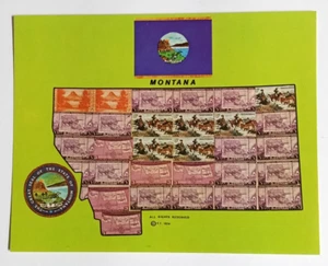 Montana Commemorative Postage Stamp Map Postcard 1974 w/ MT State Flag & Seal - Picture 1 of 2