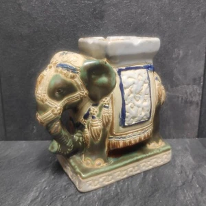 Elefant Keramik Aschenbecher Figur Vintage Ca. 22cm Groß | Grün Weiß Braun Blau - Picture 1 of 8