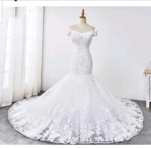 UK White Ivory Beaded Lace Mermaid Bridal Off Shoulder Wedding Dresses Size 6-16 - Picture 1 of 4
