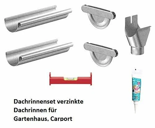MARKENLOS Dachrinnen Set NW 80 verzinkt, 2 Dachrinnen, 2 Endstücke,1 Ablaufstutzen, Kleber