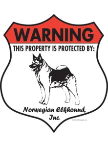 Warning! Norwegian Elkhound Property Protected Aluminum Dog Sign - 7" x 8" - Picture 1 of 4