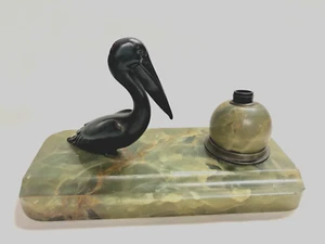 Vintage Louisiana Brown Pelican Bronze & Green Onyx Studio Inkwell - Picture 1 of 17