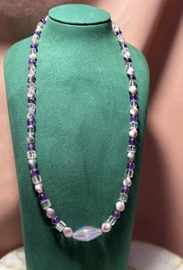 Murano Style Latticino Art Glass Necklace | Purple & Pink beads | Magnetic Clasp - Picture 1 of 5