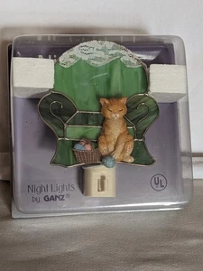 Cat On Stain Glass Night Light Plug-in, Green With Orange Cat With Basket  - Picture 1 of 14