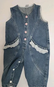 Pagliaccetto smanicato vintage anni 90 denim con volant davanti tuta bambina 12 mesi senza marchio  - Foto 1 di 3