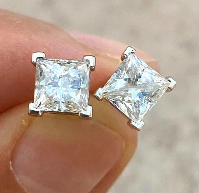 3Ct Princess Cut Lab Created Diamond 14K White Gold Plated Women's Stud Earrings - Image 1 of 4