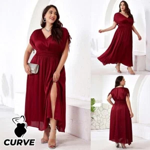 Plus Size Curvy Women Satin V Neck Maxi Dress Evening Cocktail Party Ball Gown - Picture 1 of 21