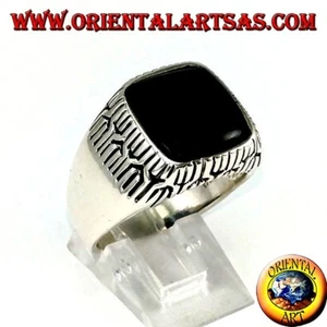 Anello in argento 925 ‰  con onice quadrata contornati da incisioni da uomo  - Foto 1 di 3