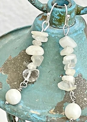 Moonstone Chips and Mother of Pearl Earrings. Beach. Boho Chic. - Image 1 of 3