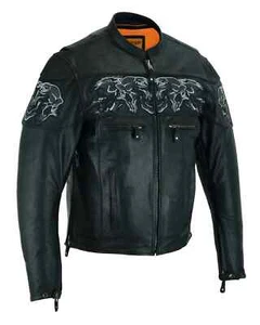 Leather Black Men's Motorcycle Racer Jacket Reflective Skulls On Back & Front - Picture 1 of 6