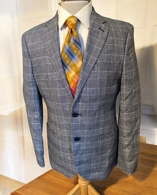Nordstrom Blazer Sz Med Extra Trim Fit Blue Plaid Linen Blend Sport Coat Jacket - Image 1 of 4