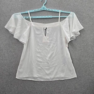Bisou Bisou Women Top Medium White Sheer Blouse Cold Shoulder Ruffle Keyhole NWT - Picture 1 of 10