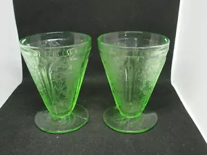 GREEN DEPRESSION GLASS CHERRY BLOSSOM PAIR OF FOOTED JUICE TUMBLERS 3 3/4" ! - Picture 1 of 3