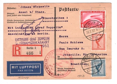 GERMANY Card GRAF ZEPPELIN 1m Air Mail *5.SÜDAMERIKAFAHRT* 1932 Reg Brazil KZ118 - Image 1 of 4