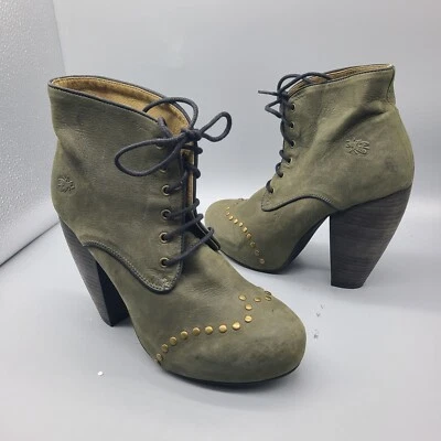 Fly London Girl Boots Moss Green Wingtip Lace Up Block Heel Ankle Womens 38 7.5  - Image 1 of 4