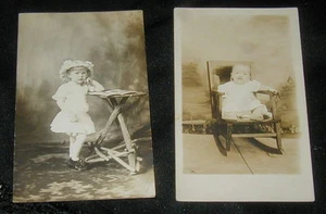 ~~ 2 OLD PHOTO POSTCARDS WITH CHILDREN, ROCKING CHAIR, BOOK, CUTE - Picture 1 of 4