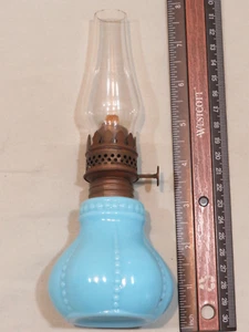 Vintage Blue Milk Glass Miniature Oil Lamp, Burner marked Made in USA - Picture 1 of 6
