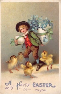 Easter Boy in Easter Dress Carrying Eggs around Chickens International Art 1910 - Picture 1 of 2