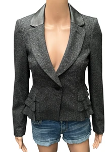 Rebecca Taylor Sakko Oberteil Damen Größe 4 Grau Leder Tweed Rüschen Wollmischung - Bild 1 von 18