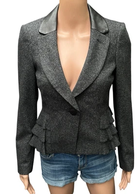 Chaqueta Top Rebecca Taylor Mujer Talla 4 Gris Cuero Tweed Volantes Mezcla Lana Foto 1 de 4