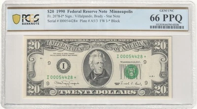 1990 $20 Federal Reserve Note Fr-2078-I* Minneapolis PCGS66 Gem PPQ - Image 1 of 2