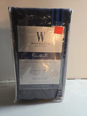 Wamsutta Damask Navy Blue Stripe Twin Bed Skirt 500-Thread Count Pima Cotton NEW - Image 1 of 3