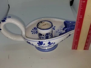 Vintage Delfts Blue Handled Chamber Candle Holder Hand Painted Finger Hole - Picture 1 of 5