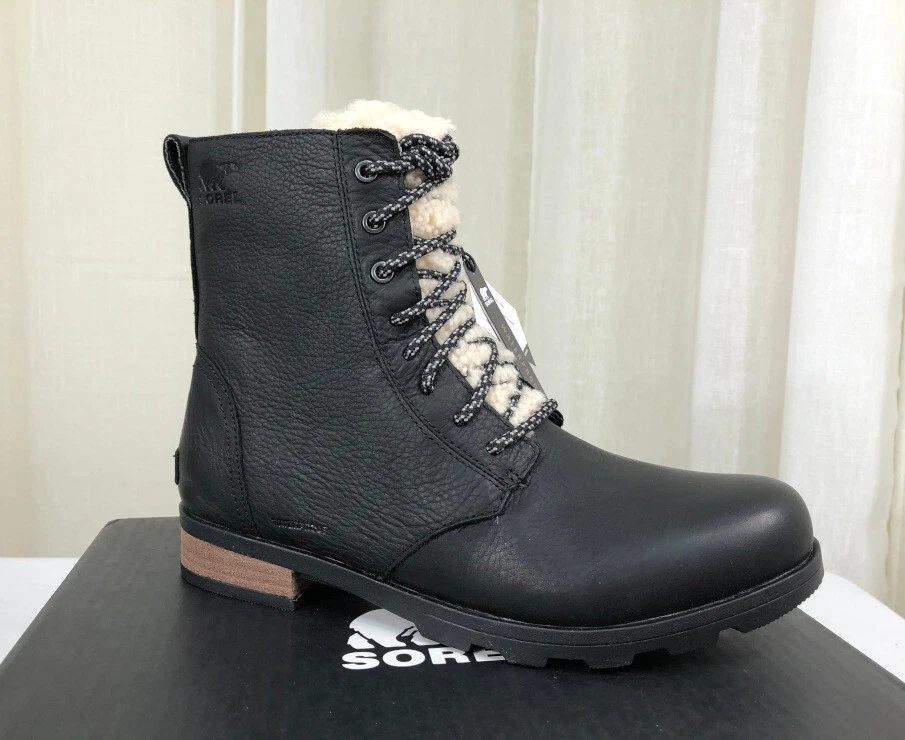 Sorel Emelie Genuine Shearling Short Lace Cozy Black Leather Boots Women's 9.5