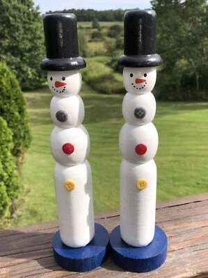 Snowman Candlesticks. Wooden. Whimsical. Winter Decor. 10” Tall. - Image 1 of 3