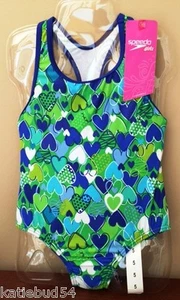 Girls Speedo Royal Blue Lime Green Heart One Piece Swimsuit Tank w Racer - Picture 1 of 2